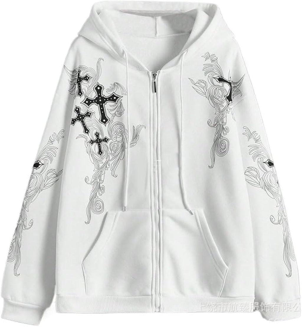 Women Men Y2K Zip Up Oversized Hoodie Gothic cross Graphic Emo Grunge Baggy Fleece Jacket 90s Punk Streetwear