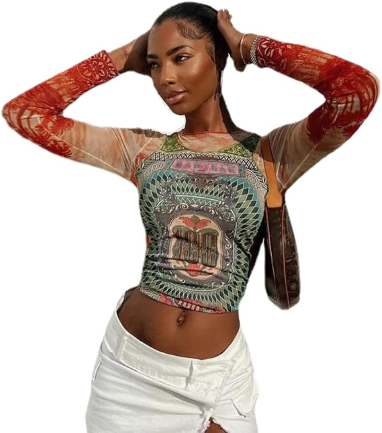 Women Long Sleeve Graphic Mesh See Streetwear T Shirts Tops Coquette Clothes Aesthetic Shirts Y2k Grunge Clothes