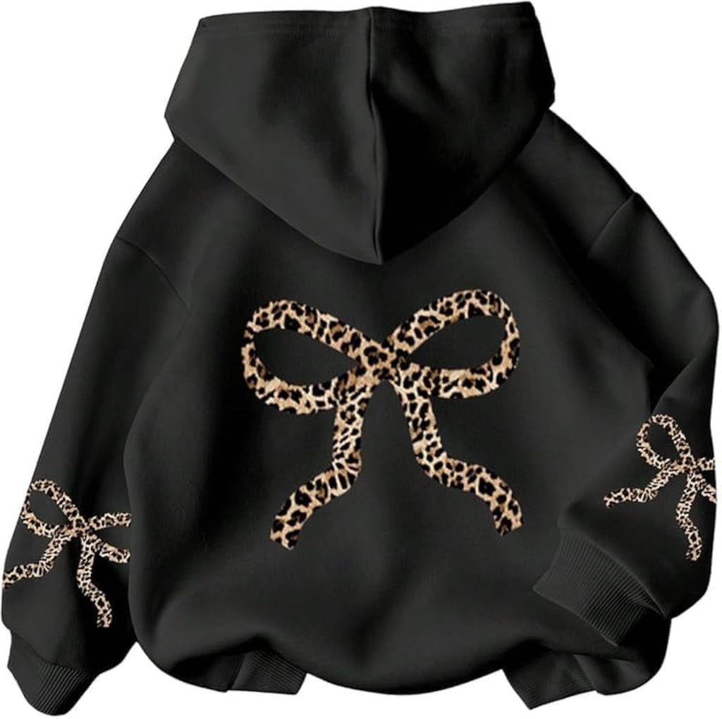 Girls Bow Graphic Hoodies Oversized/Cropped Hoodie Teen Pullover Long Sleeve Hooded Sweatshirt Casual Preppy Cute