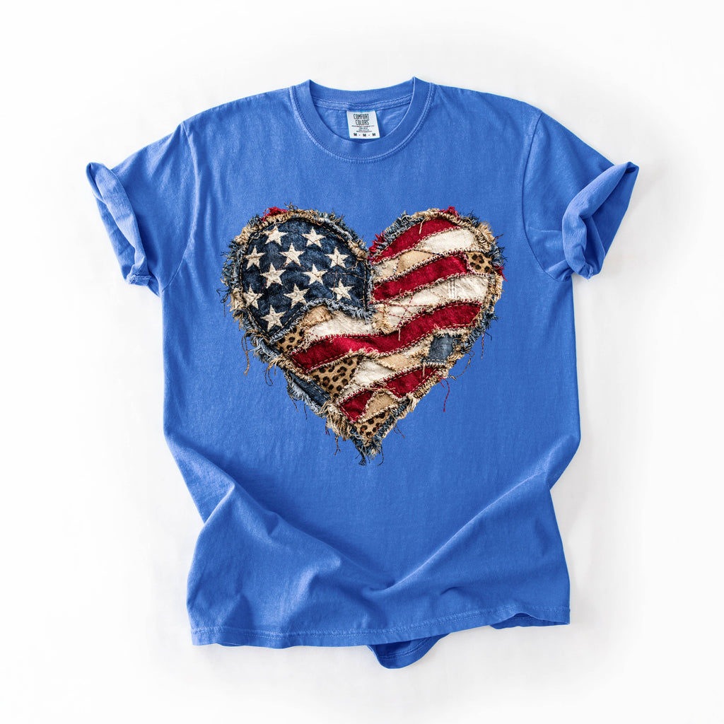 American Flag Heart Denim Patchwork Comfort Colors Tee