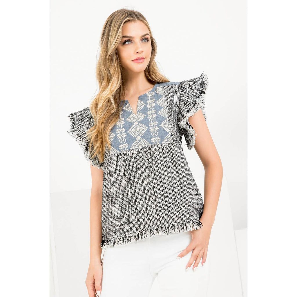 Flutter Sleeve Fringe Tweed Top