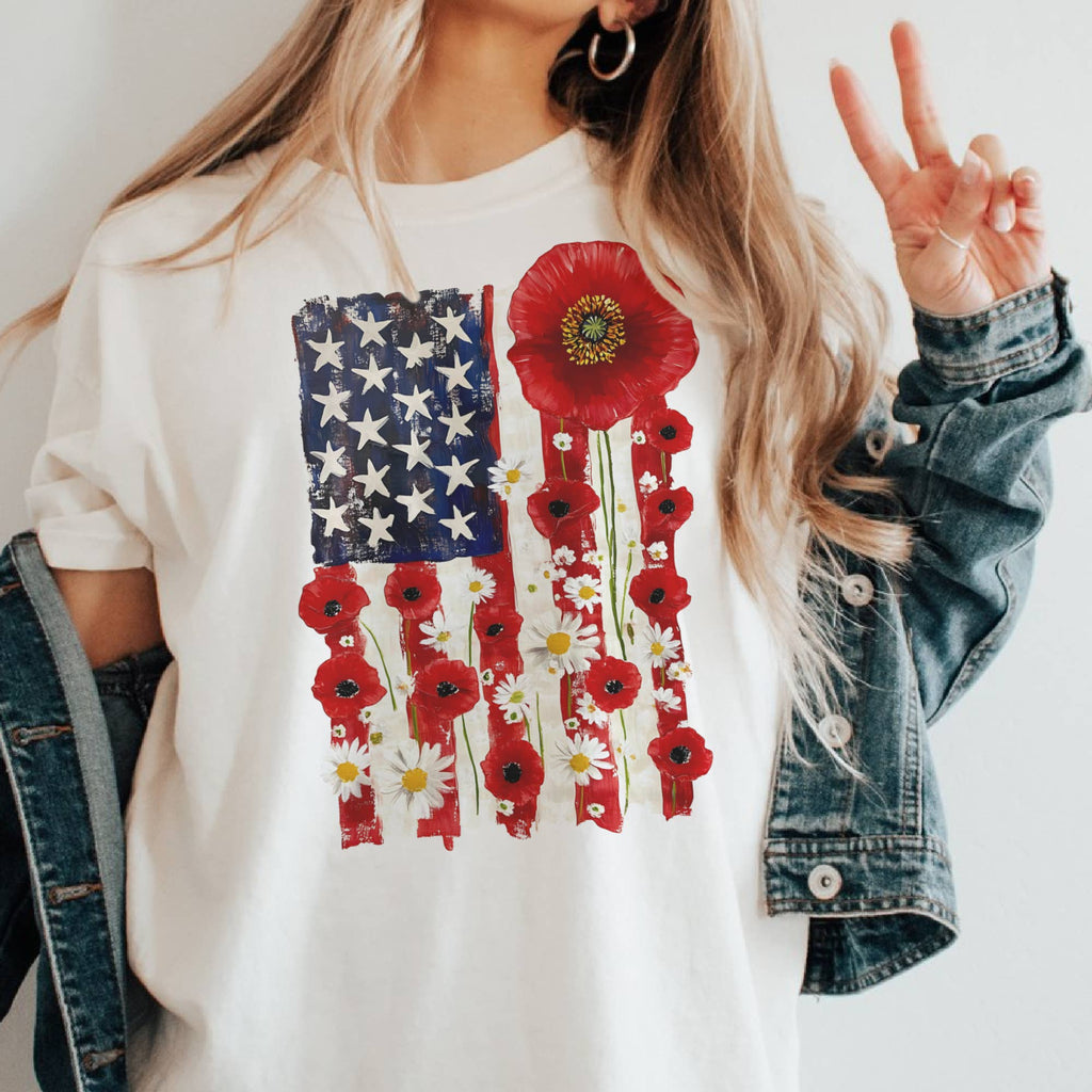 USA Flag Floral Poppy Country Patriotic America Graphic Tee