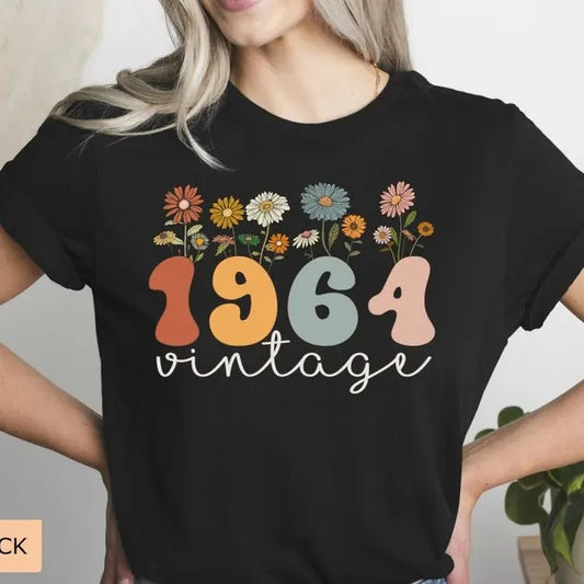 60th Birthday Shirt Vintage 1964 Tshirt, Wildflowers 60th Birthday Tee, Woman Shirt, 60 Year Old Birthday Gift, Retro Birthday Shirt, Gift for Her, Gift for Auntie, Gift for Him Comfort Cotton Fabric Top Traditional Womenswear Collar Garment