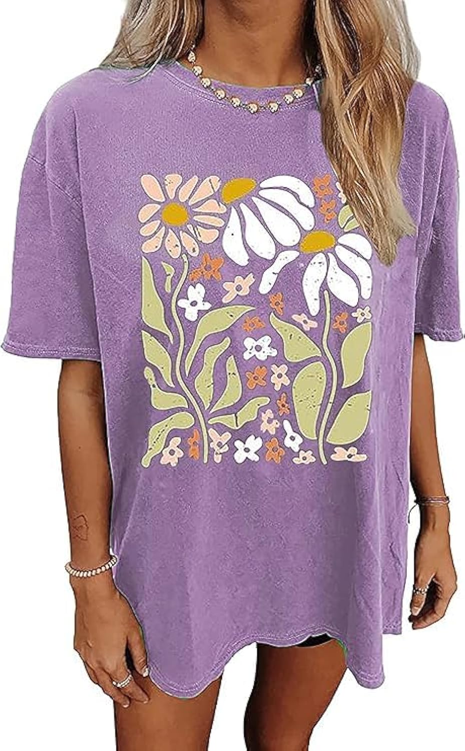 Oversized Graphic T-Shirt for Women Vintage Floral Shirt Rock Band Music Guitar Tee Casual Holiday Cute Plant Tops