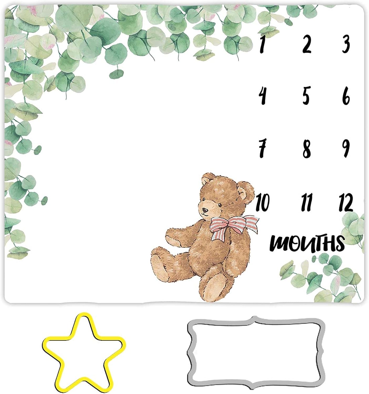 Baby Monthly Milestone Blanket,Green Leaves Wreath Bear Baby Boy Gifts,Nursery Decor Baby Shower|Newborn Baby Month Blanket | Includes Picture Frame,48x40inch BTXYME104