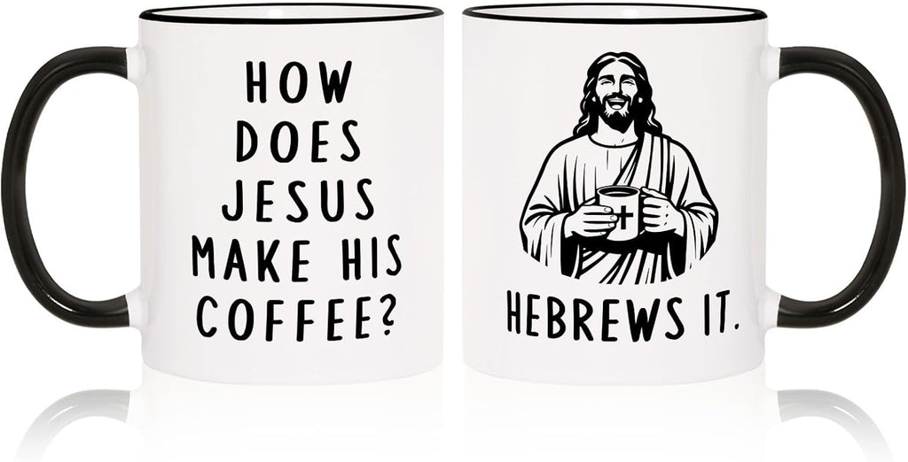 Shqiueos Funny Christian Gifts for Women Men – Jesus He Brews It Coffee Mug 11oz, Religious Humor Gift, Christmas Birthday Present for Friends Coworkers Bible Verse Faith Cup, Pastor Appreciation Gift