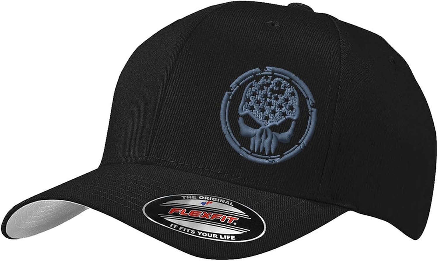 American Flag Distressed Skull Shield Logo Embroidered 6277 Flex Fitted Baseball Hat