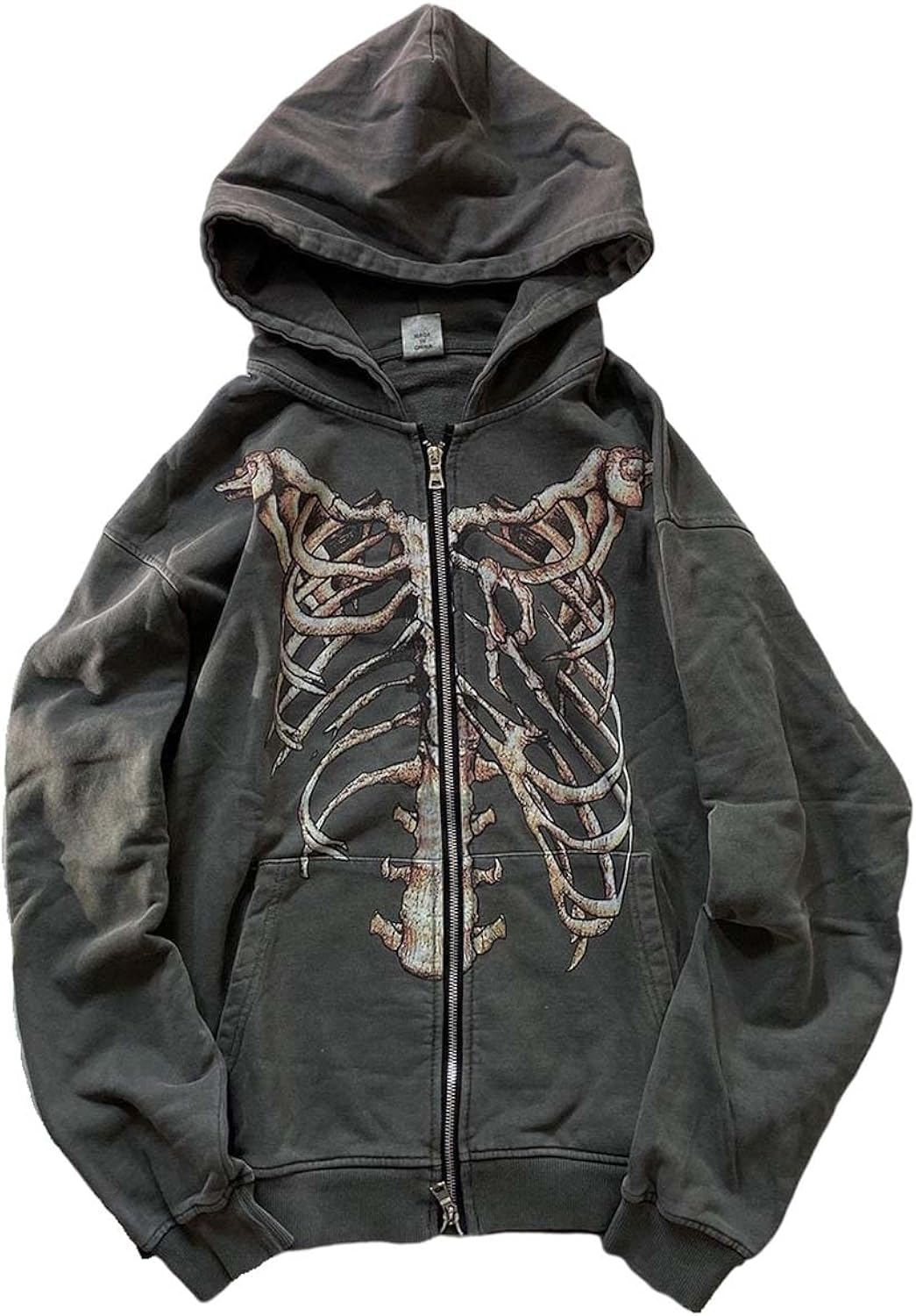 Gothic Hooded Sweater Retro Bone Print Hooded sweatshirt Y2K zip-up jacket Grunge Hooded Sweater Harajuku upper garment