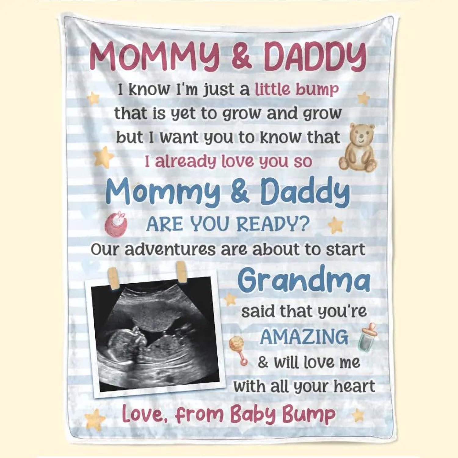 Personalized Mommy and Daddy Blanket from Unborn Baby, I Know I'm Just a Little Bump, Custom Photo Sonogram Ultrasound Baby Blanket, Gift for New First Mom to Be