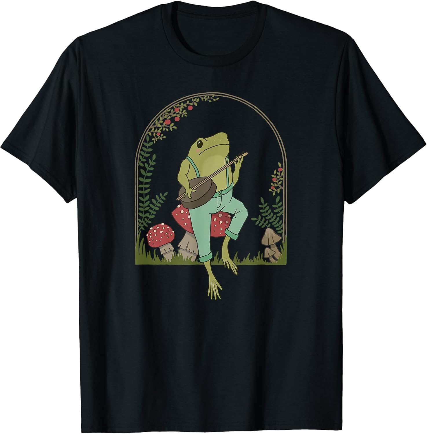 Cottagecore Aesthetic Frog Plays Banjo on Mushroom Cute T-Shirt