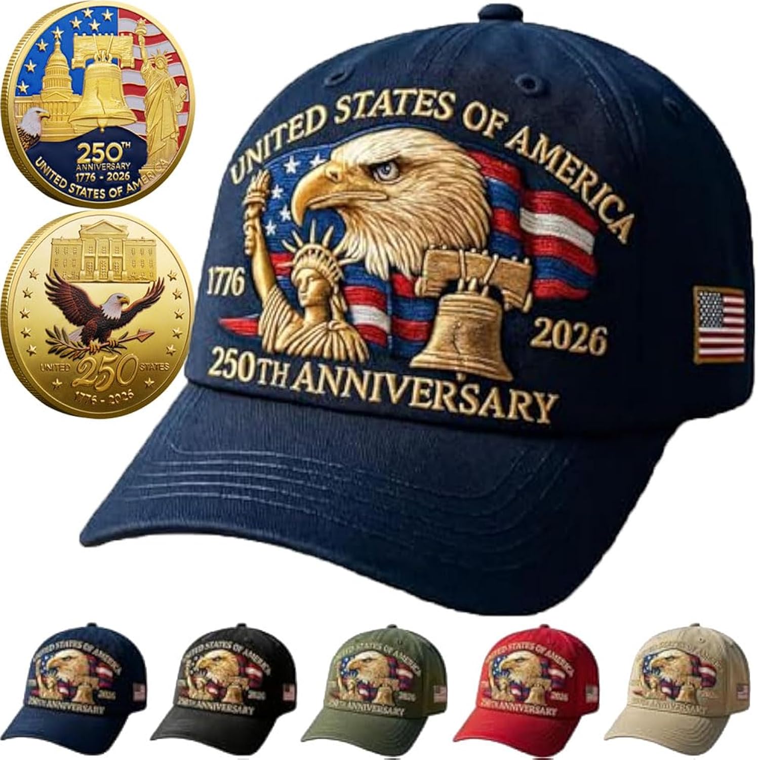 United States 250th Anniversary Hat,Eagle & Liberty 250 Year American Anniversary Embroidered Cap with Badge