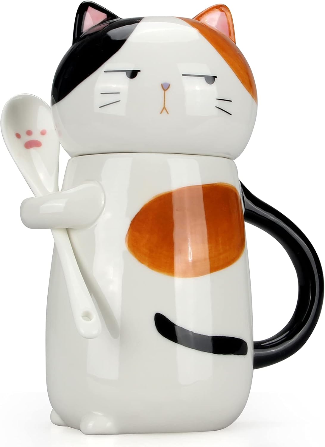 Large Cute Ceramic Coffee Mug with Lid and Spoon Fun Cat Cup for Women Ladies Unique 3D Kawaii Cat Coffee Mugs Lover Mom Gift Animal Funny Christmas Cups Adorable Porcelain Girls Novelty Mug