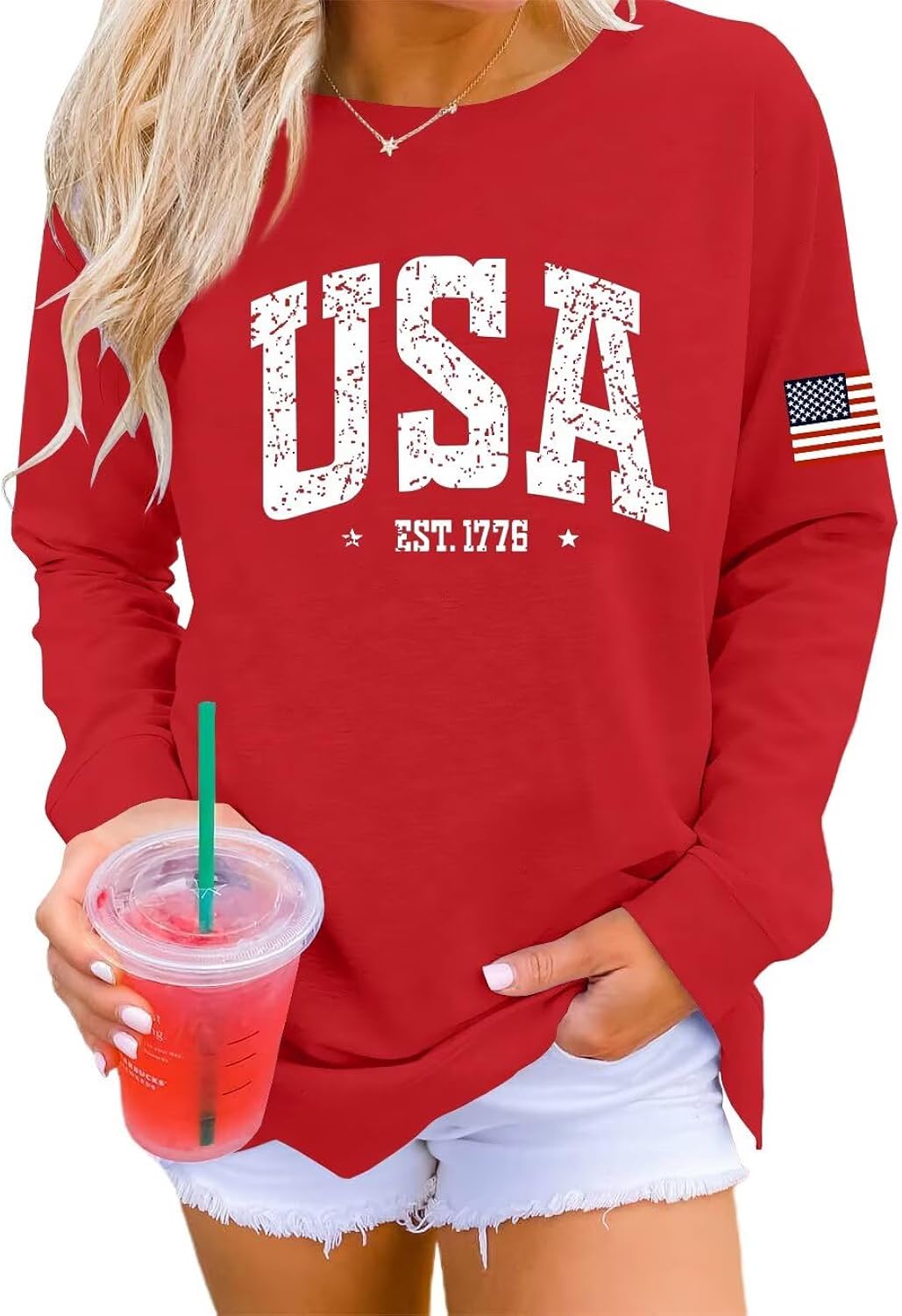 Womens USA Shirt Casual Long Sleeve Graphic Tees Knit Crew Neck Sweatshirts Loose Pullover