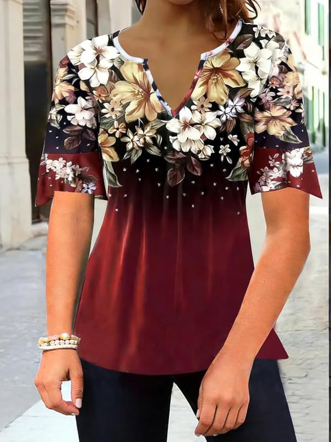Women's Ruffle Short Sleeve V-Neck T-Shirt Vintage Allover Floral Print Casual Holiday Work Elegant Tee Tops Blouses