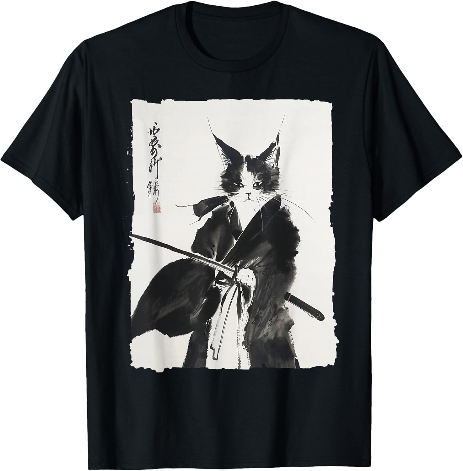 Samurai Cat Warrior Ink - Japanese Art Feline Katana T-Shirt