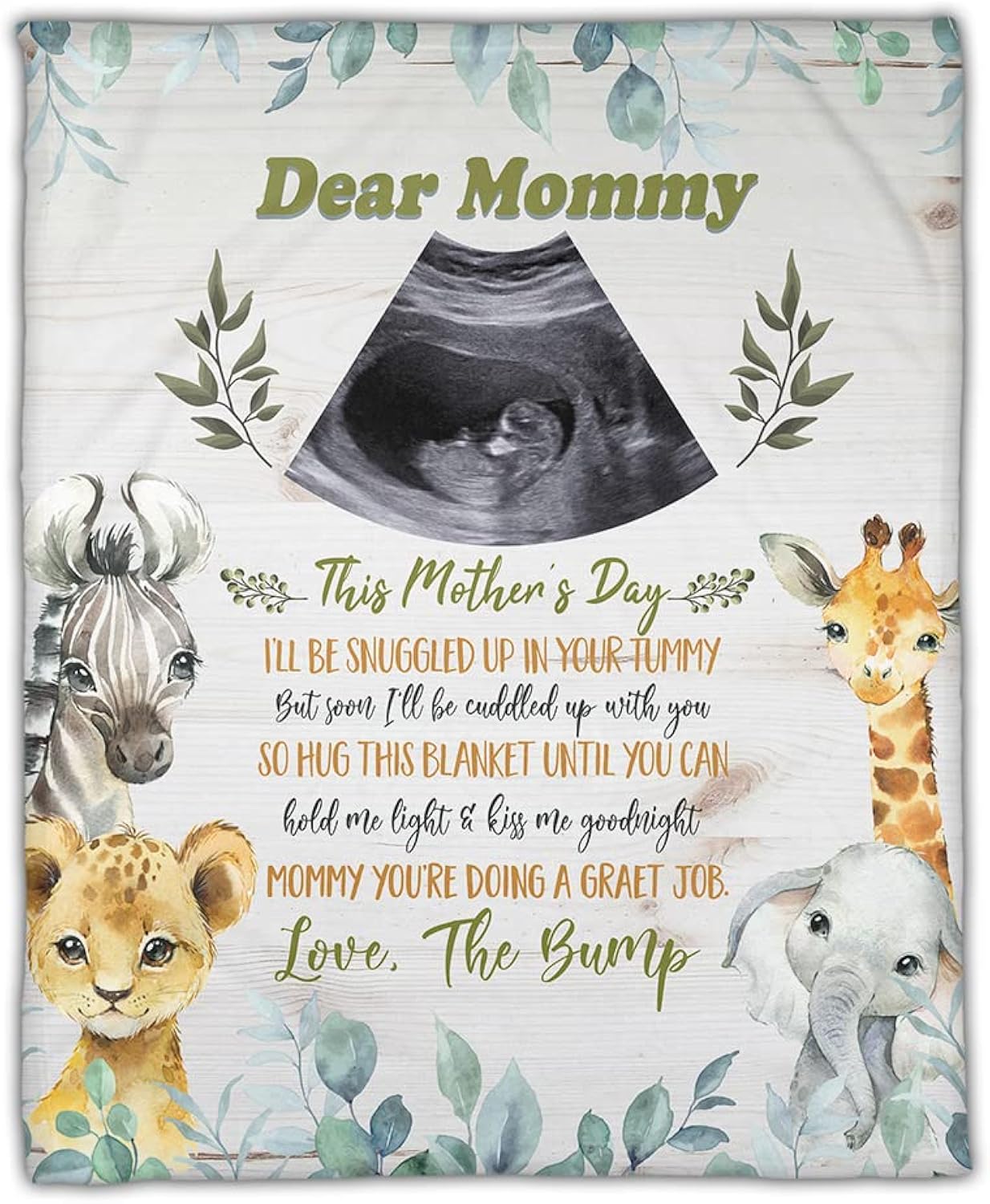 Gearpenguin Personalized Ultrasound Photo Baby Blanket, Mommy Safari Animals, Mothers Day Birthday Gifts for Mom, Mother, First Time Mom, Unique Gift for Wife from Husband, Custom Sonogram Picture