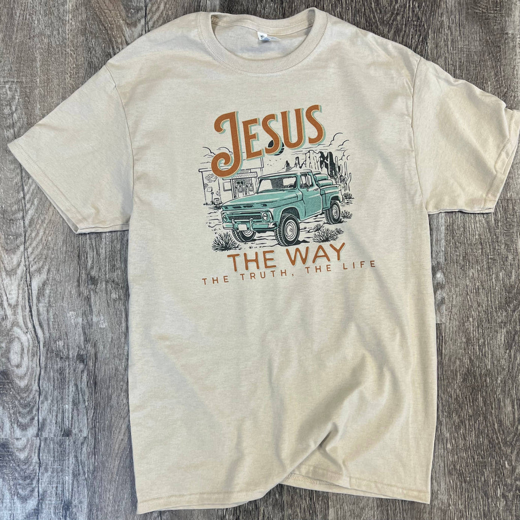 Jesus Blue Truck the Way the Truth the Life On Sand Tee