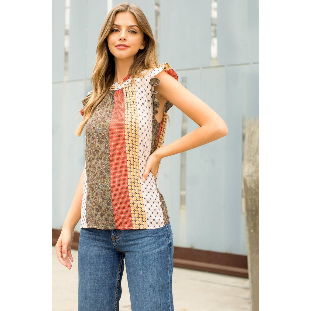 Flutter Sleeve Mixed Print Top