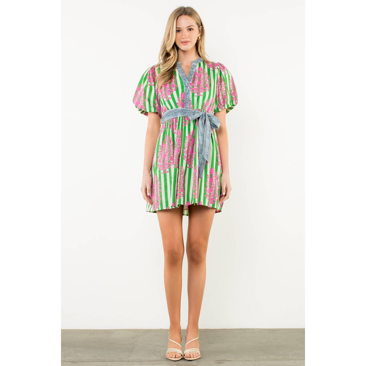 Tie Waist Puff Sleeve Print Dress