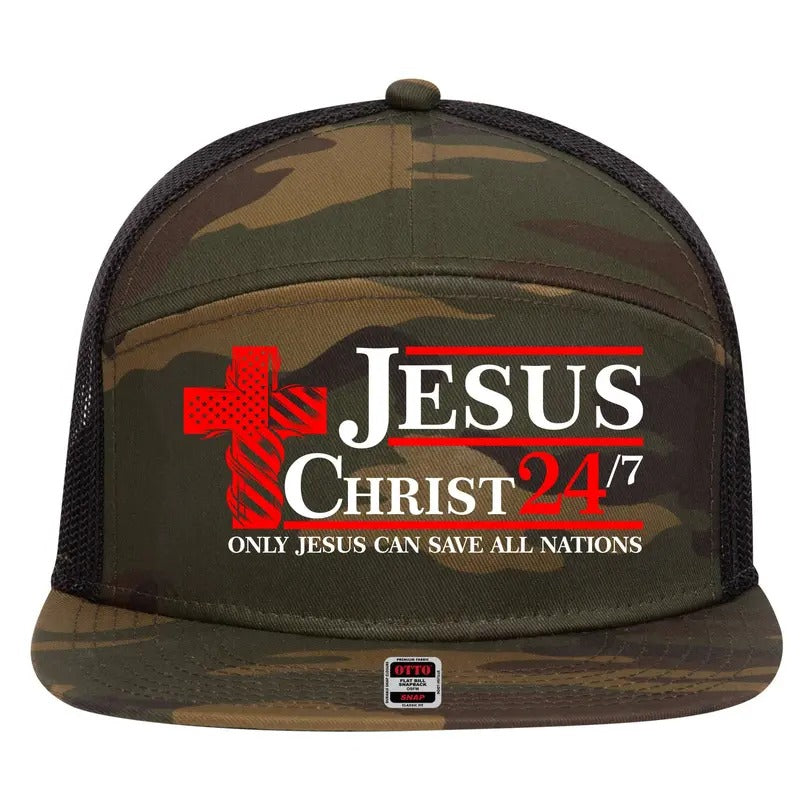Jesus Christ 2024 24/7 Only Jesus Can Save All Nations Christian Catholic Cross 7 Panel Mesh Trucker Snapback Hat...