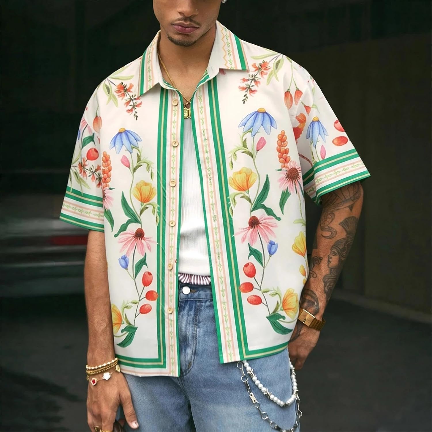 Men's Short Sleeve Floral Shirt Collared Striped Trim Button Down Top Watercolor Print Resort Beach Summer Shirt