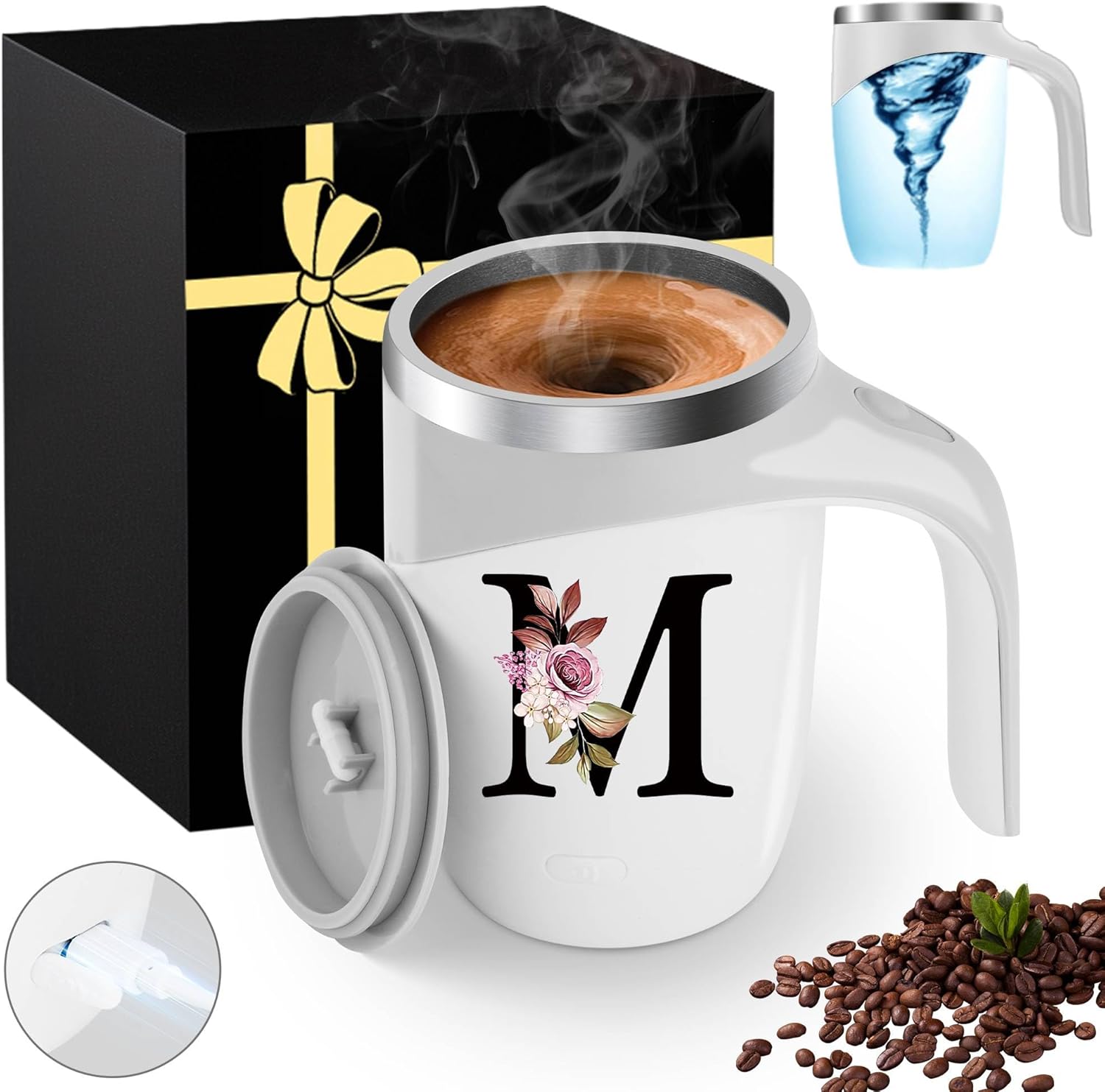 Initial Magnetic Stirring Coffee Mug Stainless Insulated Travel Cup Women Wife Husband Happy Birthday Wedding Romantic Personalized Unique Gift Special Cute Day Custom Christmas Valentines Ideal,M