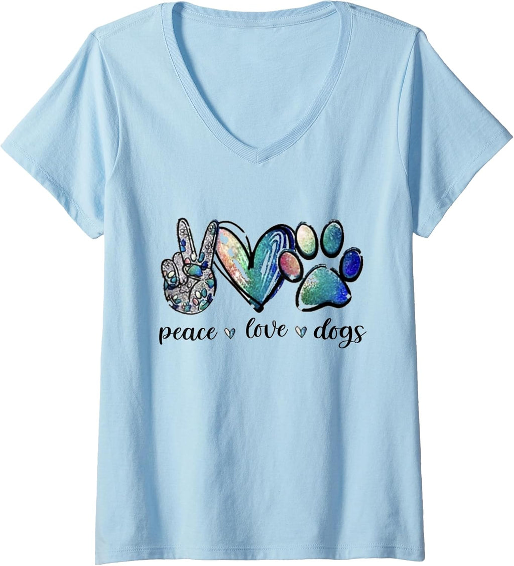 Womens Dog Lover Peace Love Dogs Puppy Paw V-Neck T-Shirt