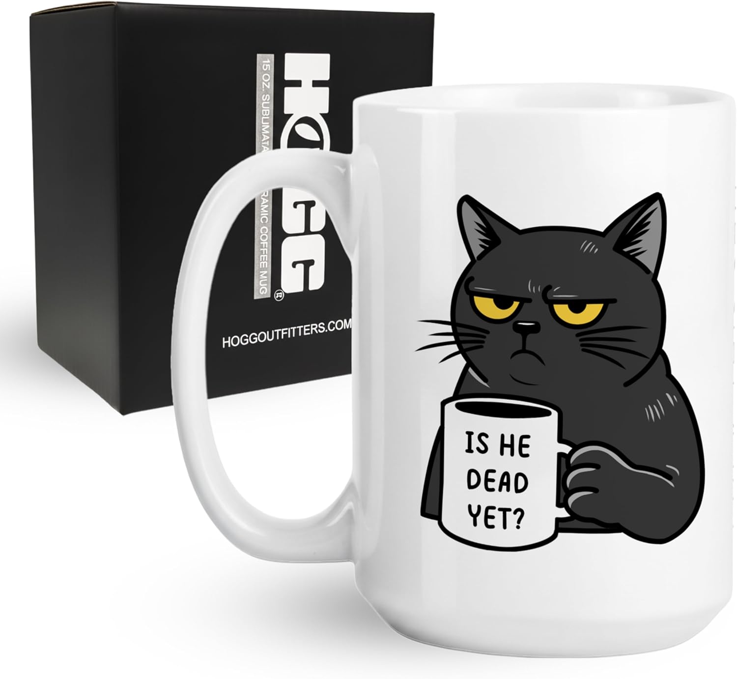Hogg Is He Dead Yet Coffee Mug, 15 oz Ceramic FDT Cup, Is He Dead Yet, FDT Mug, Fuck You Coffee Cups, Black Cat, Gifts for Coworkers, Funny Gifts for Liberal, Anti MAGA Merchandise