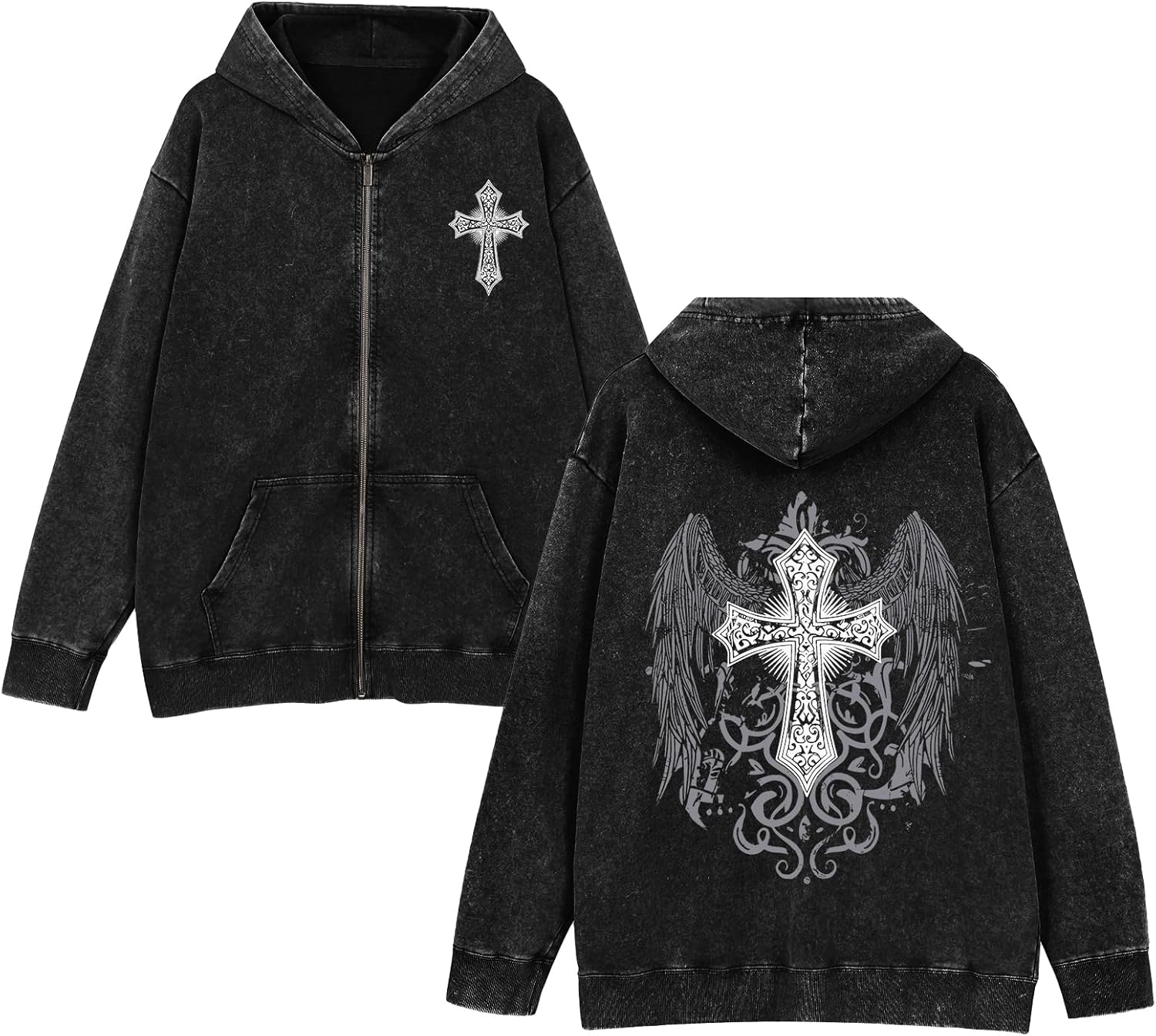 Vintage Goth Punk Zip Up Hoodies for Men Grunge Streetwear Oversized Gothic Cross Graphic Acid Wash Sweatshirt Tops