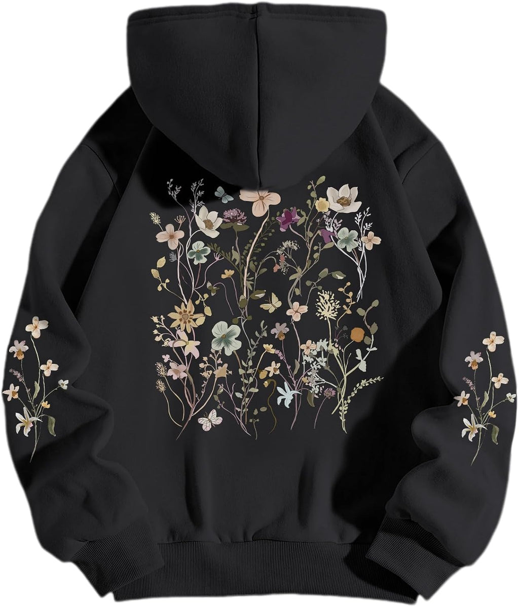 Women's Floral Printed Hoodies Vintage Aesthetic Flower Graphic Sweatshirt Cute Boho Fleece Thermal Hoodie Pullover