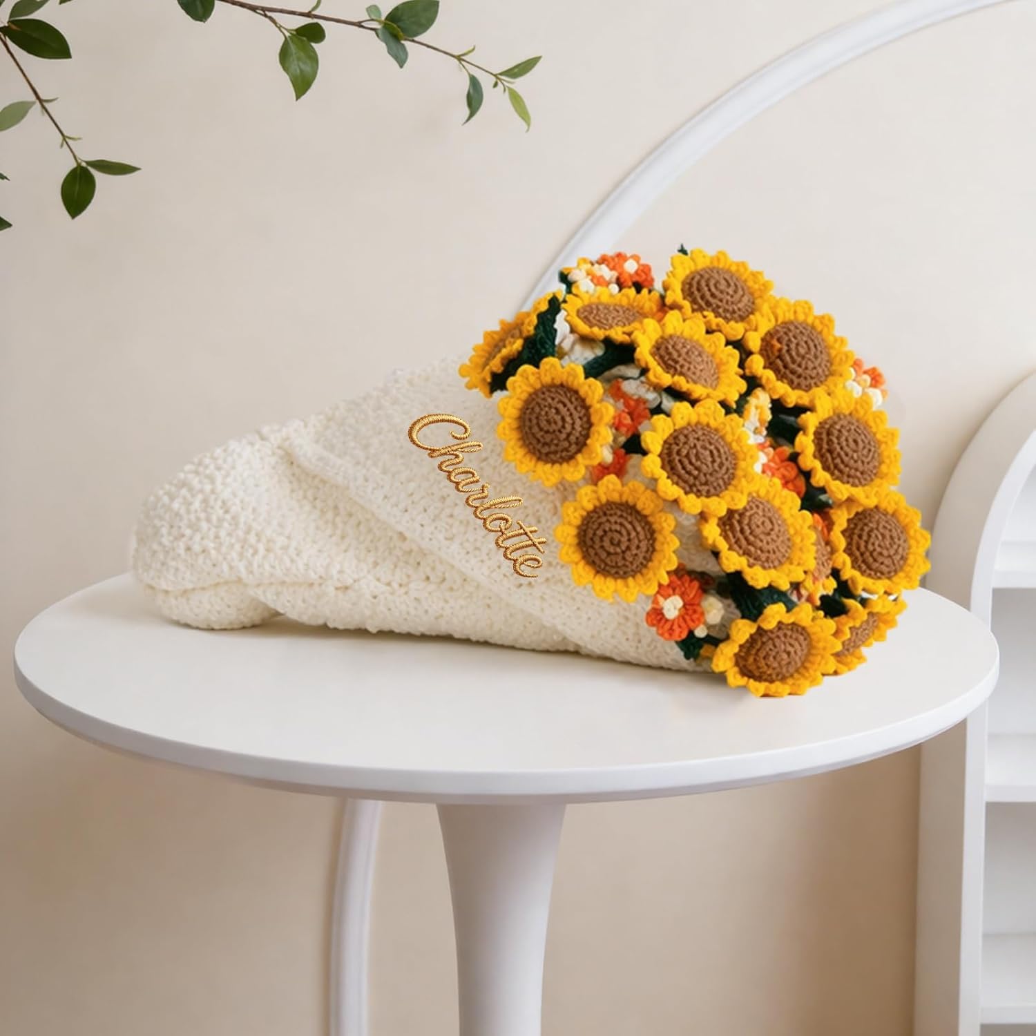 Personalized Name Embroidery Crochet Flower Bouquet Throw Blanket Custom Rose Blanket Romantic Gift for Her Girlfriend Mom Women Sunflower