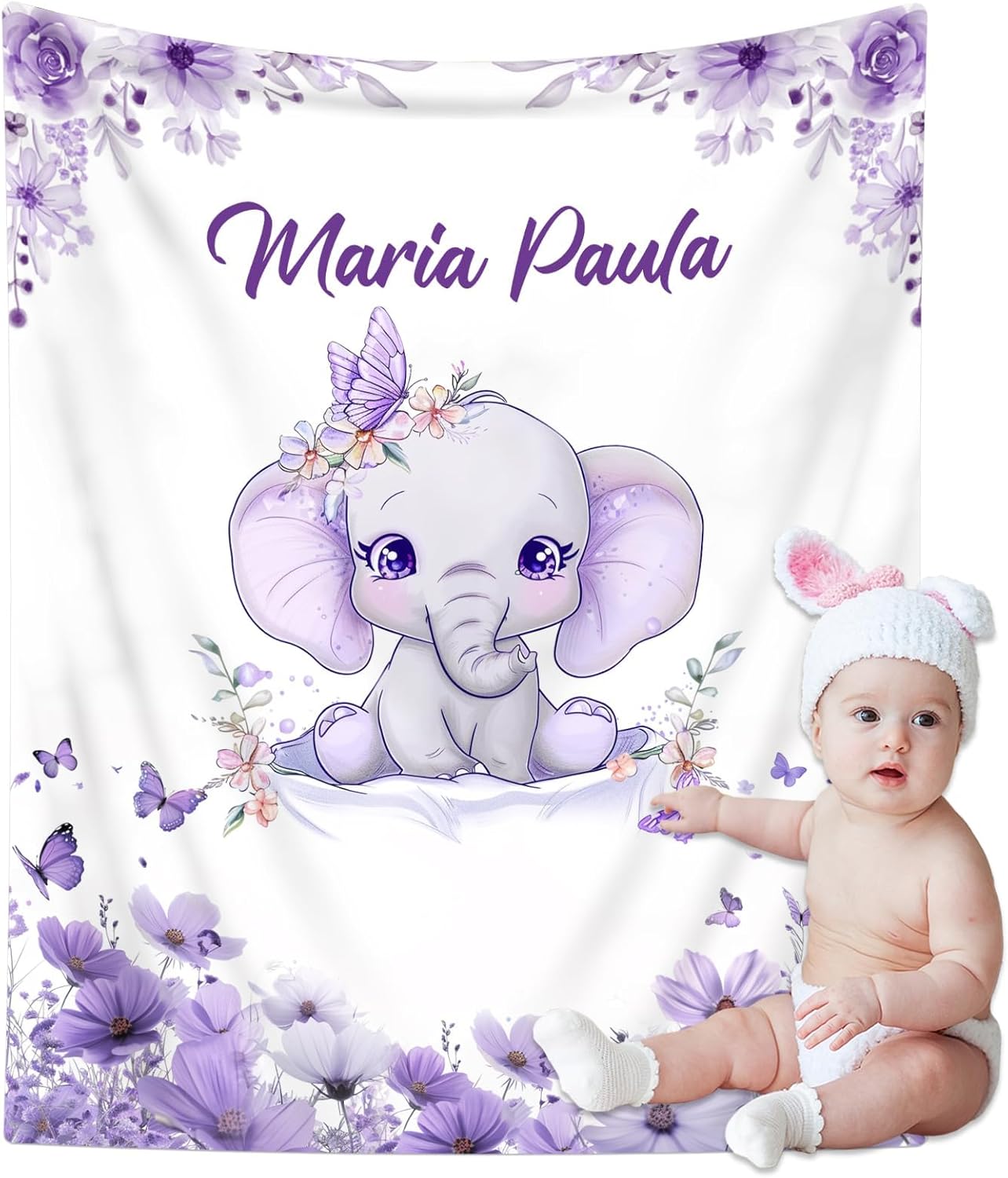 Personalized Baby Blanket with Name, Custom Name Blanket for Kids Soft Flanne Blankets in Easter Personalized Baby Gifts for Infant Newborn Shower (Purple)