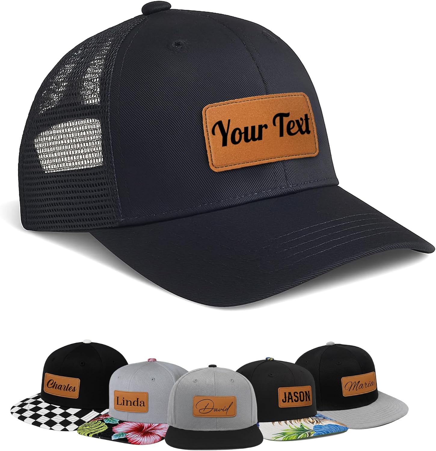 Custom Kids Snapback Trucker Hat with Leather Name Patch – Adjustable Mesh Cap for Boys, Girls & Adults - Matching Hats