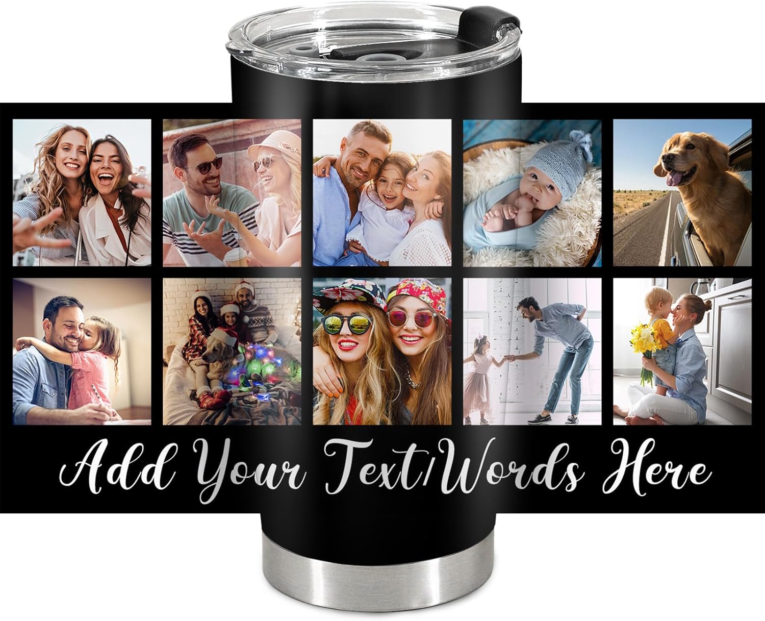Personalized Tumbler Custom Vacuum Insulated Travel Mug Customizable Coffee Cup with Your Photos and Text Christmas Birthday Gift (10 Photos+Text)