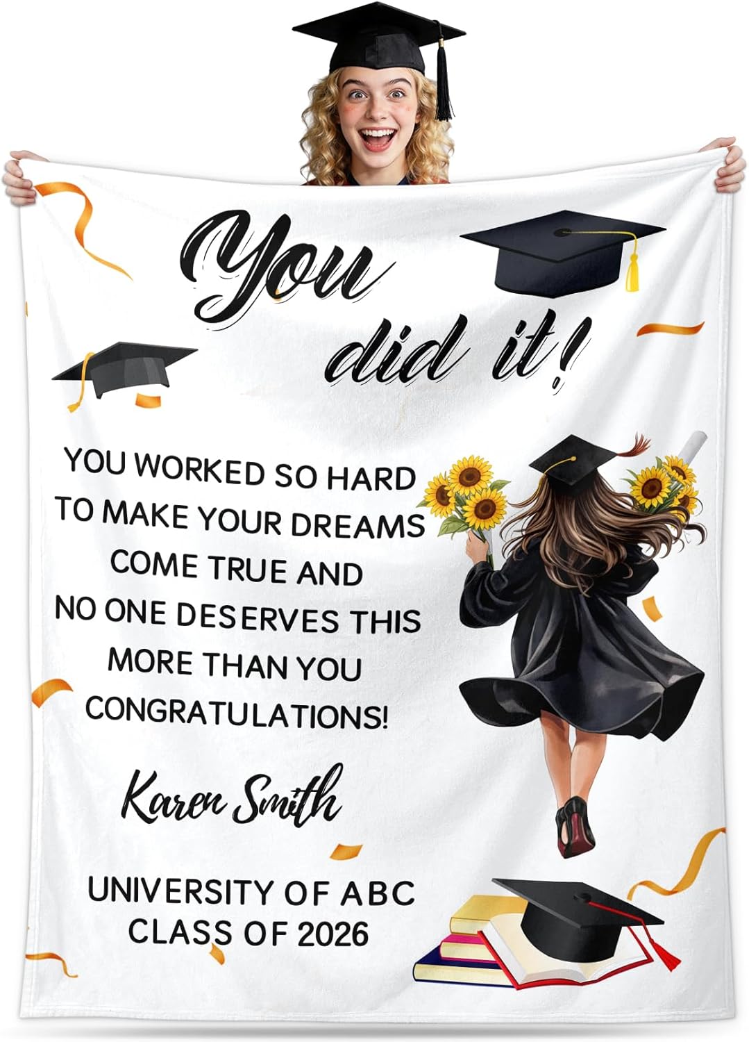 Personalized Graduation Blanket for Class of 2026, Custom Name Throw Blanket, Senior Keepsake Gift for High School, College, Master’s Degree Graduates, Graduation Gift for Daughter Son (Style A)