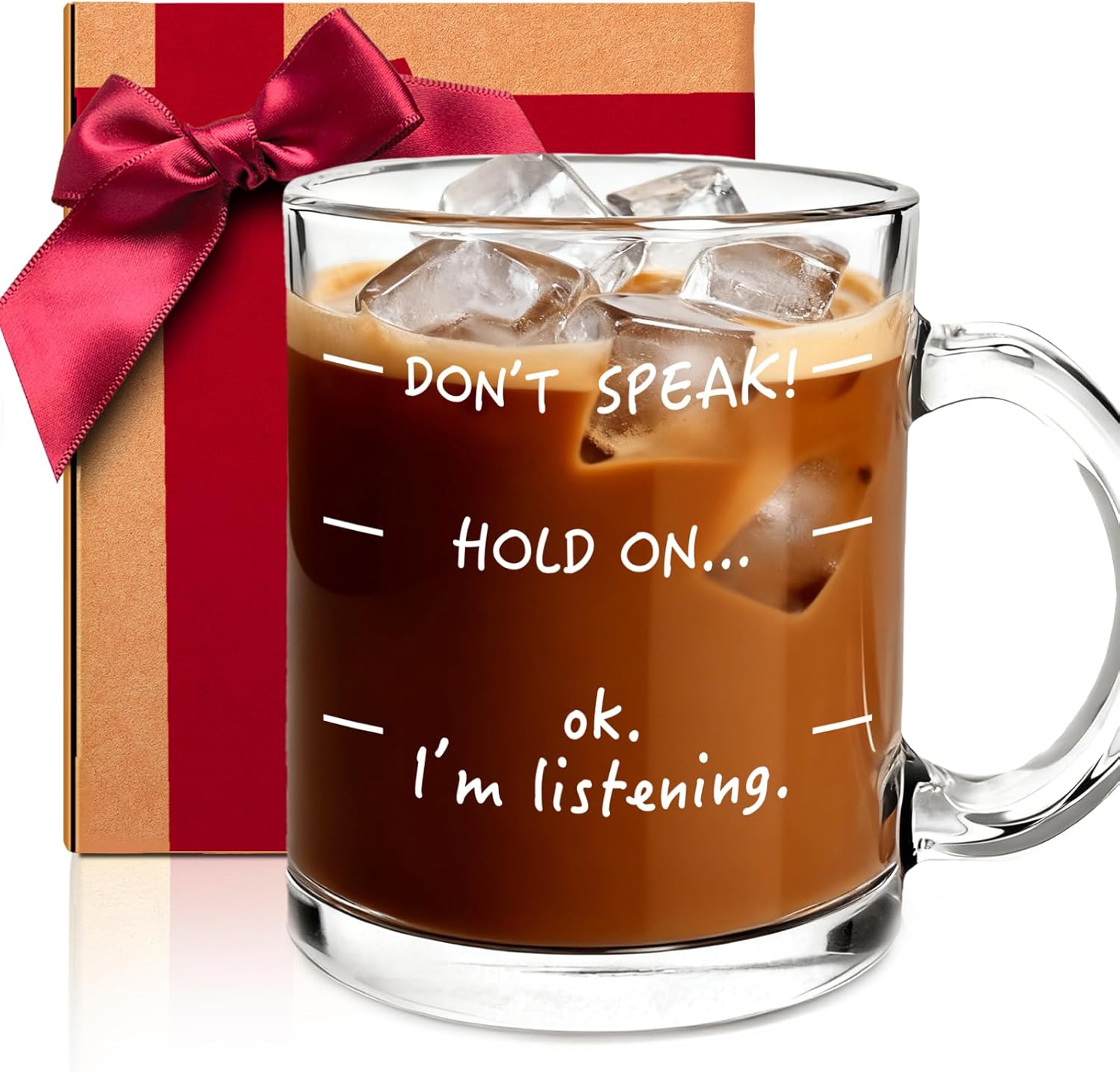 Clear Glass Coffee Mug With Handle for Women Men, Don't Speak Hold on ok I’m Listening mug 11oz, Funny Mugs for Coworkers Bosses - Birthday Gifts Ideas Coffee Lovers -150