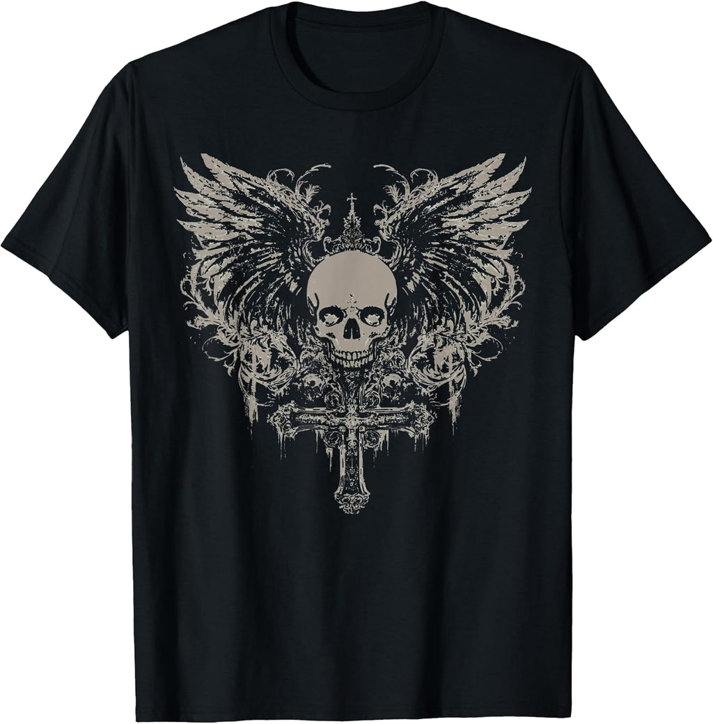 Skull Cross Y2K Goth Alt Grunge Gothic Emo Aesthetic Wings T-Shirt