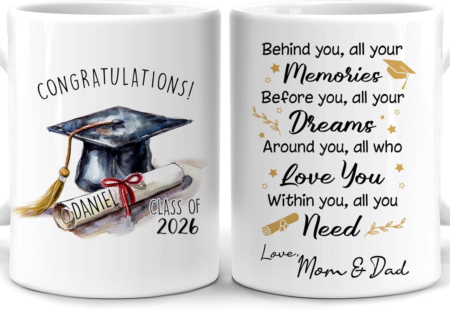Hyturtle Personalized Graduation Mug Gifts for Daughter Son Grandchildren - Senior 2026 Gifts - Graduation Greeting Mug for Graduates Students - Custom Name 11oz 15oz White Ceramic Coffee Tea Cup