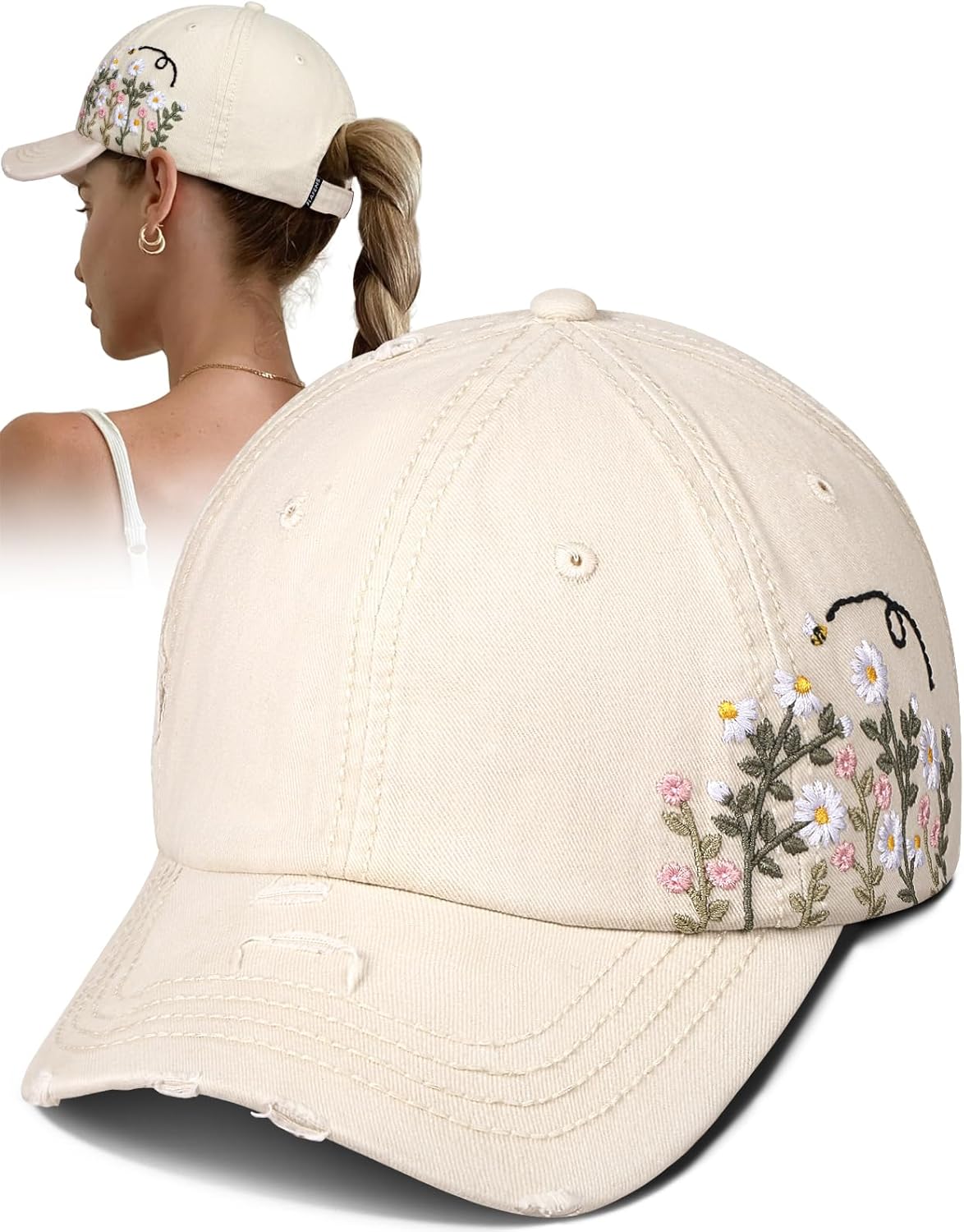 Womens Baseball Caps - Cute Baseball Hat Vintage Distressed Low Profile Embroidered Cotton Ladies Ball Ballcap