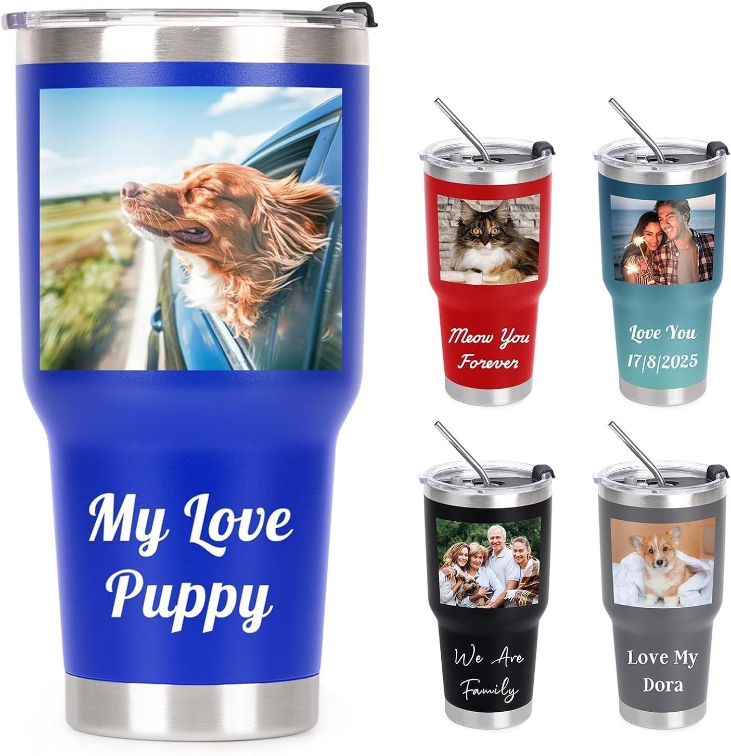 Personalized Coffee Tumbler with Picture Photo Name Text Logo, 30oz Insulated Stainless Steel Custom Mug Cup, Christmas Thank You Halloween Anniversary Birthday Gifts for Women Men Kids