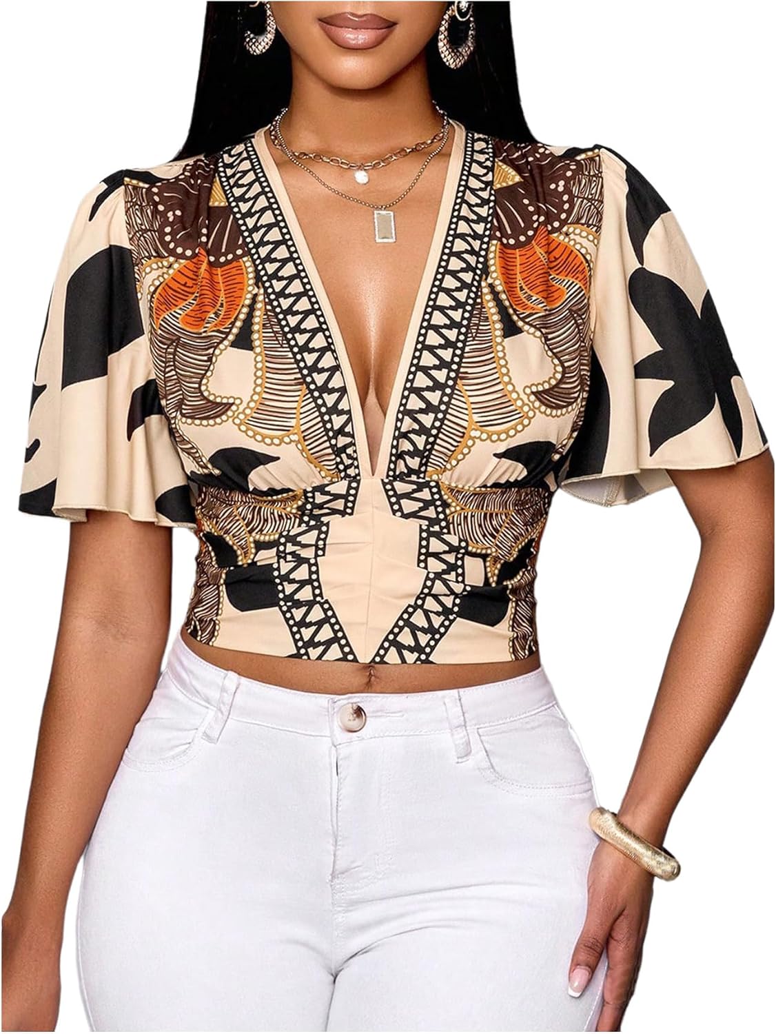 Women's Boho Printed Deep V Neck Short Sleeve Blouse Shirt Summer Casual Crop Tops