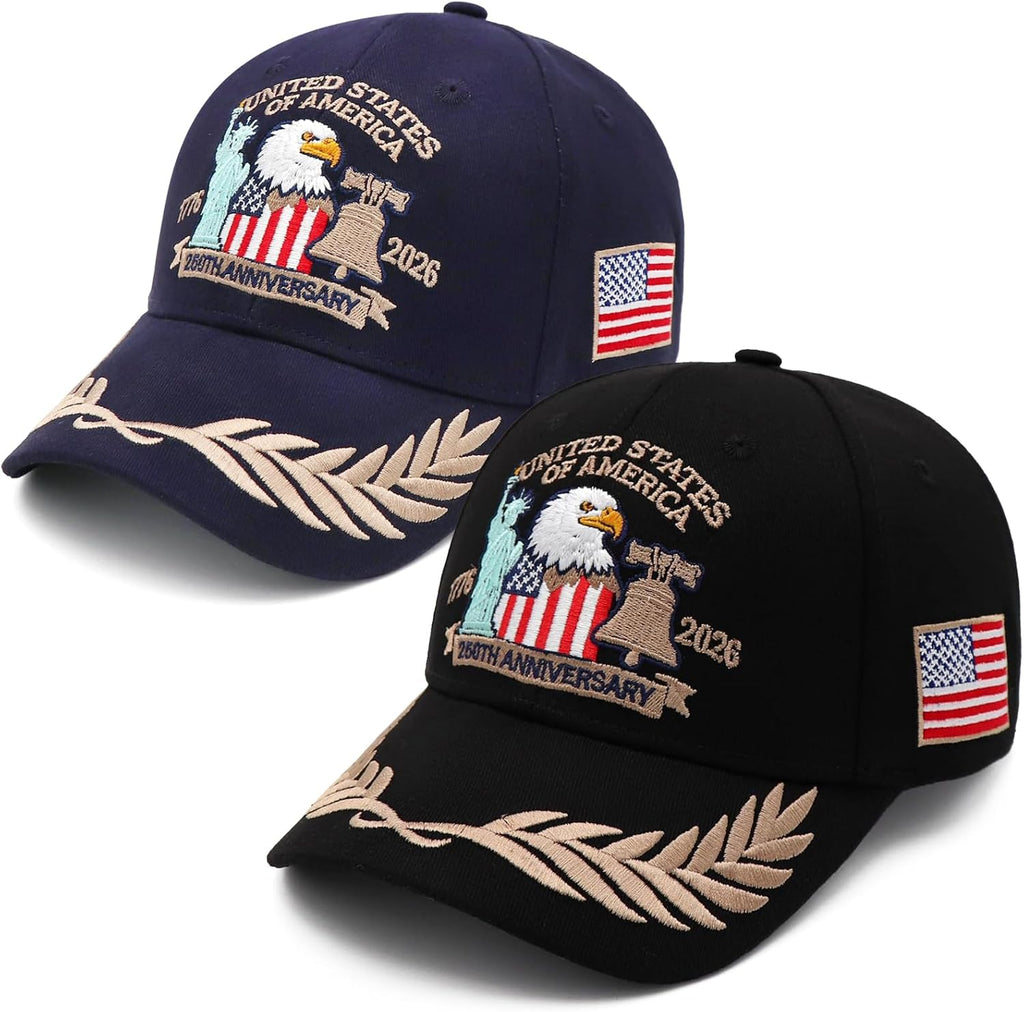 2 Pack 250 Anniversary USA Hat Embroidered Eagle & Liberty，Adjustable Patriotic American Flag Baseball Caps for Men Women