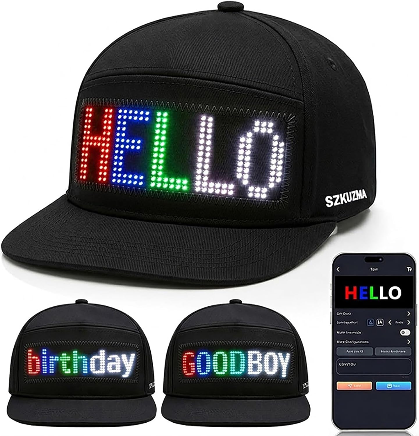 Programmable LED Hat, App Controlled Light Up Baseball Cap, Scrolling Text & Pixel Art for EDM Raves & Party