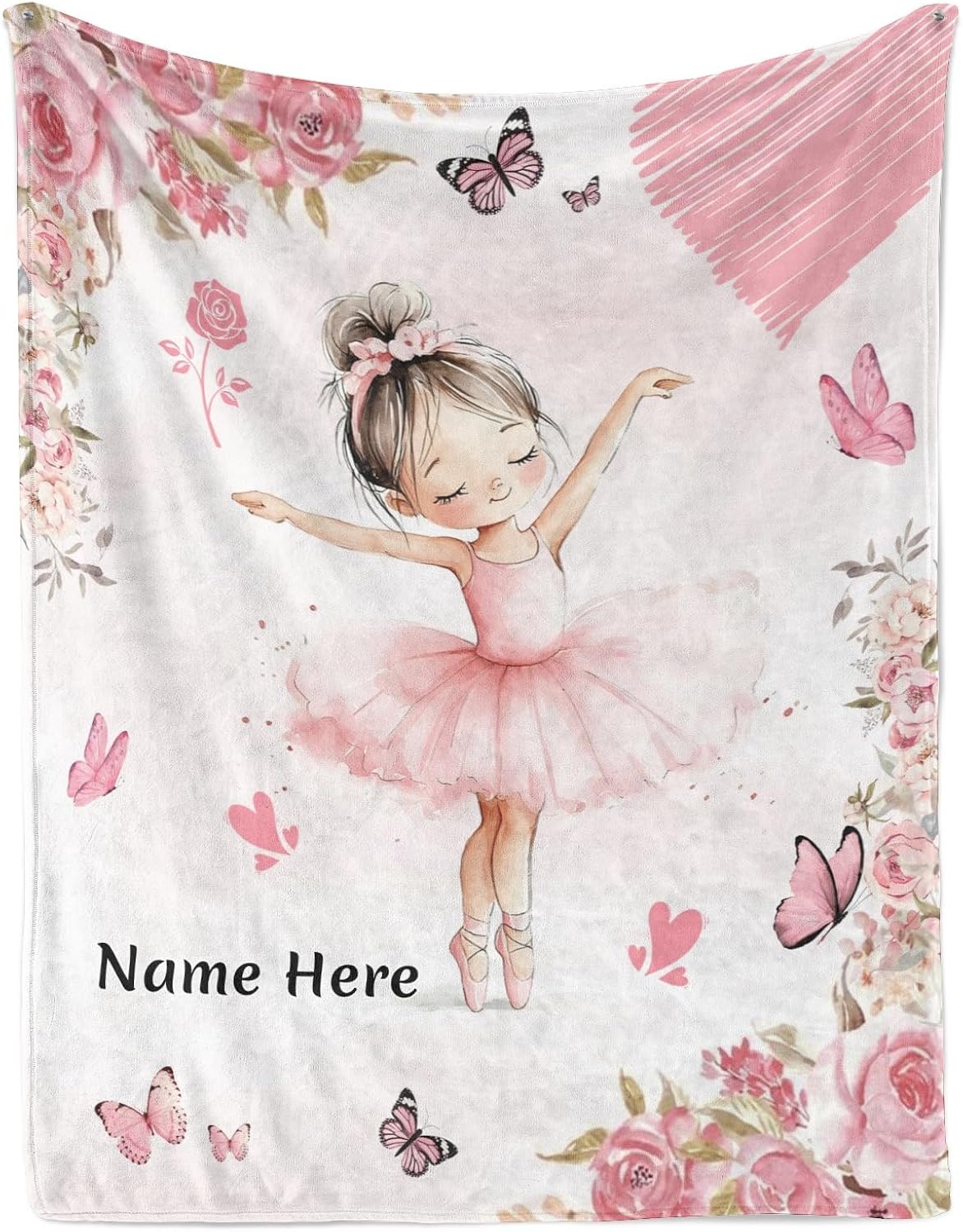 Cute Ballerina Girls Blanket with Text Name, Personalized Throw for Couch Bed, Soft Warm Cozy Gift for Dancers,Ballet Ballerina Teacher