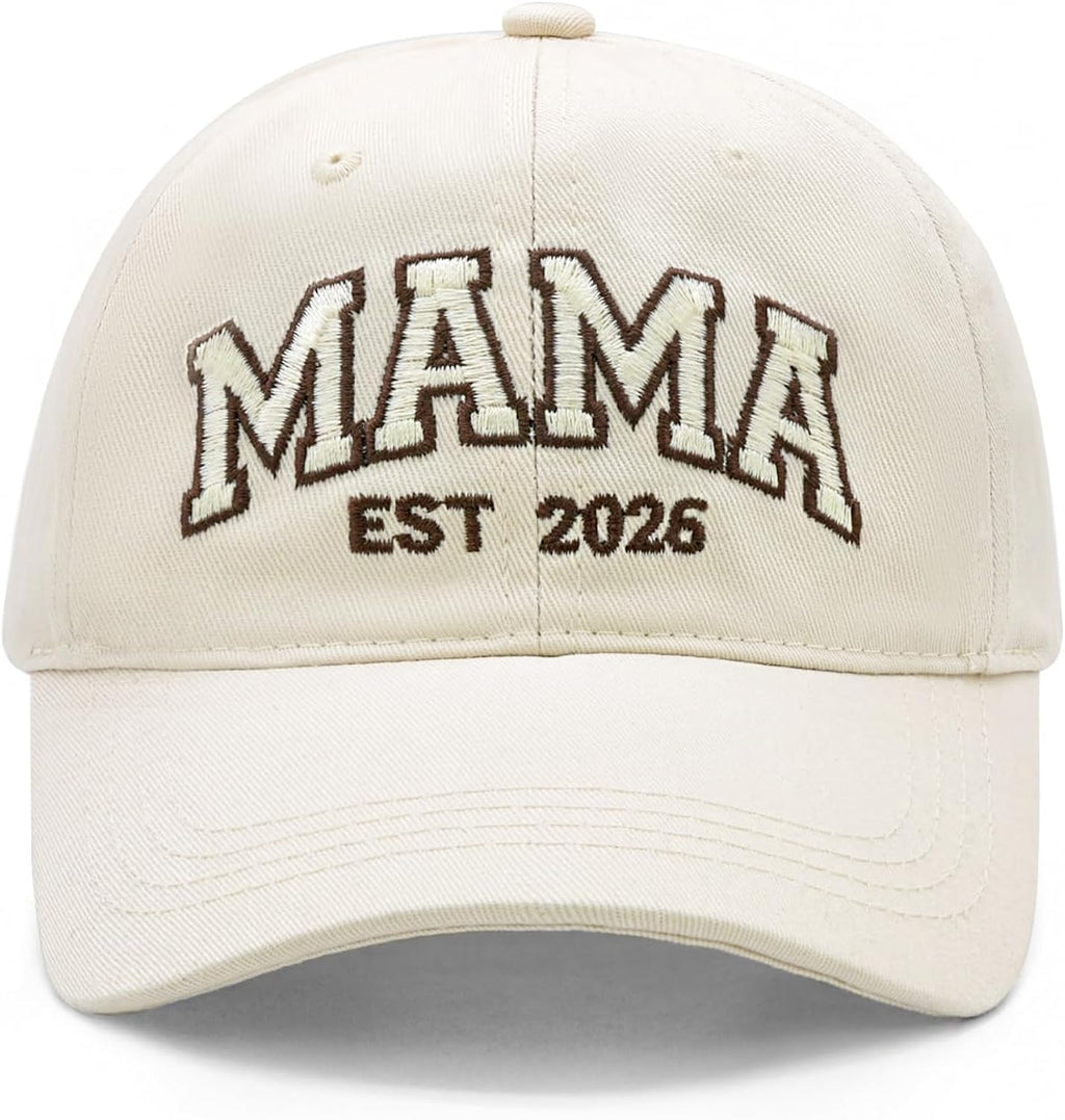 Mama EST 2026 Hat, Embroidered Mama Baseball Cap for Women, Trendy New Mom Gifts Mothers Day Outfits for Mommin Beige