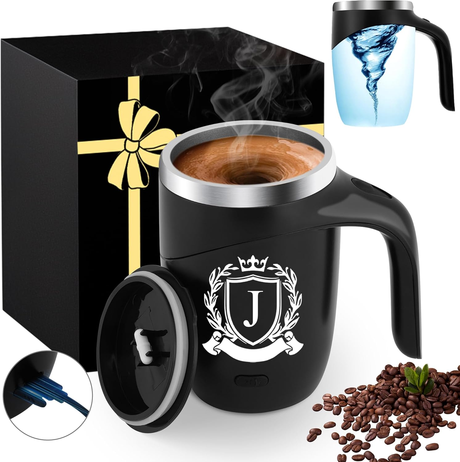 Initial Magnetic Stirring Coffee Mug Stainless Travel Cup Adult Men Guy Him Brother Dad Boyfriend Uncle Niece Best Friendship Grandpa Grandfather Husband Son Law Happy Birthday Cool Meaningful Gifts,J