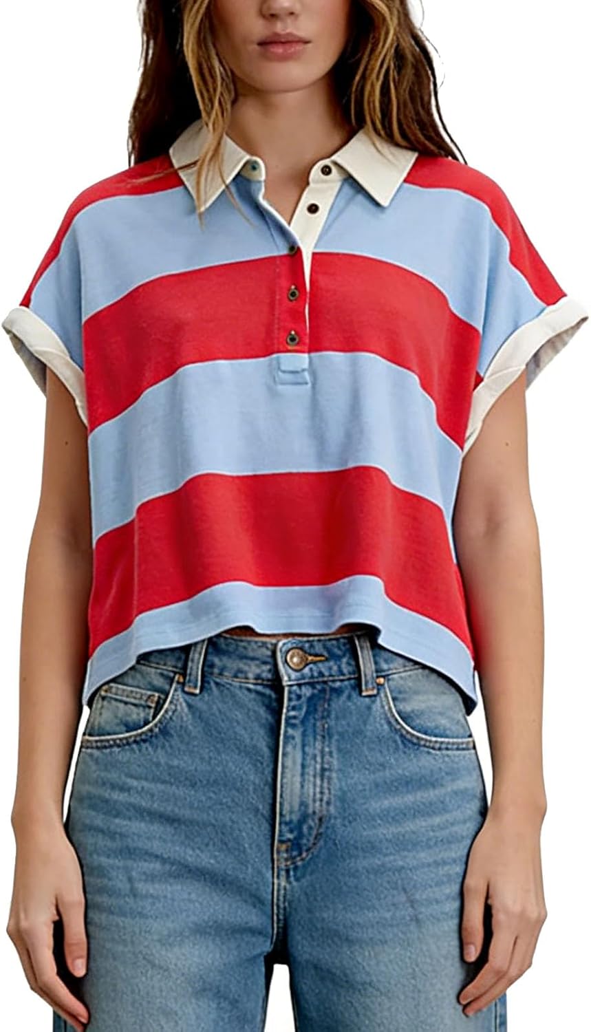 Womens Striped Oversized Tshirts Y2K Baggy Polo Shirts Aesthetic Short Sleeve Summer Tops Collared Cropped Rugby Shirt