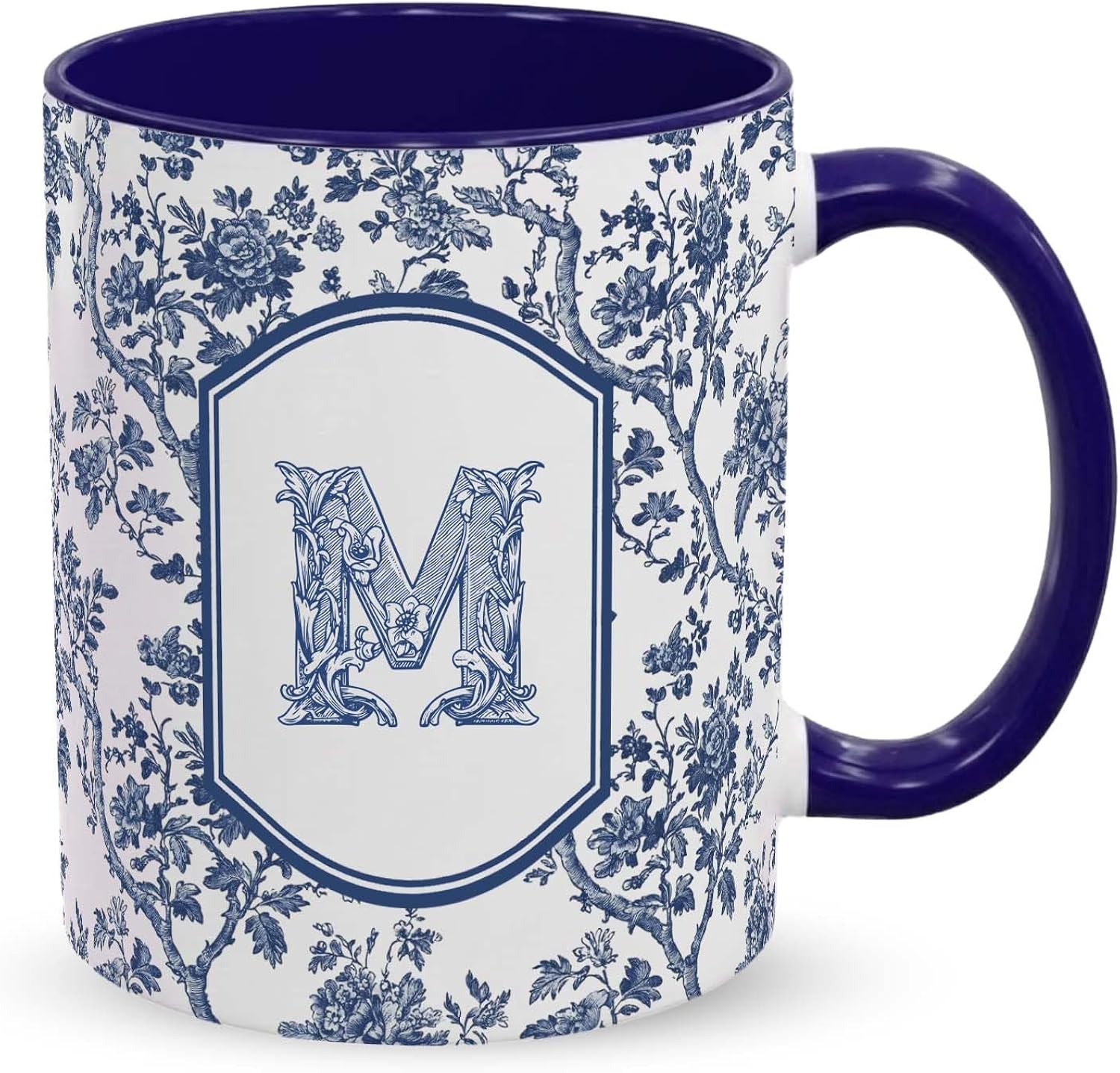 Blue Toile Letter M Mug, 11 oz French Floral Ceramic Coffee Cup Tea Cup with Initials, Personalized Birthday Gifts for Women Men Friend Friendship Unique Aesthetic Mug