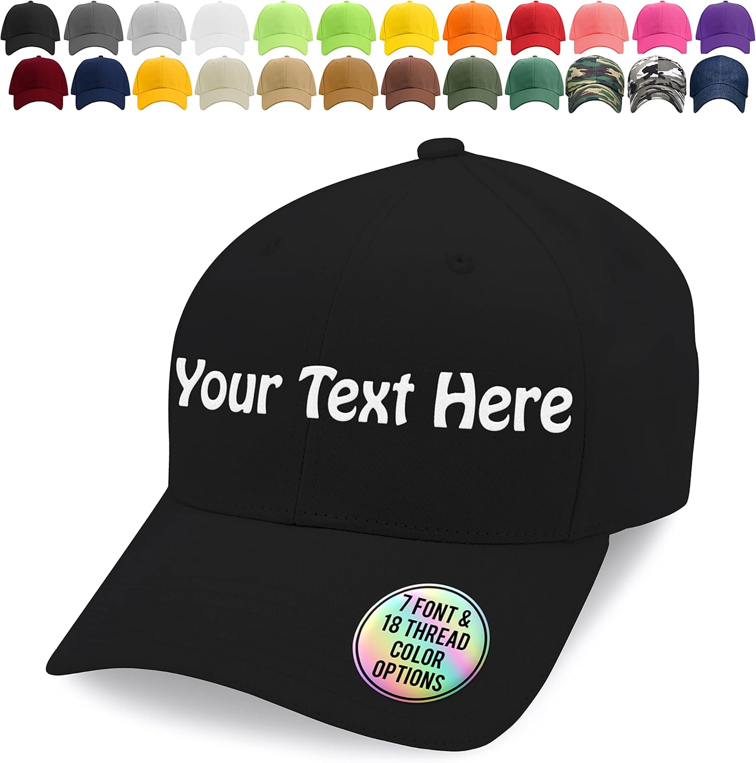 Custom Embroidered Baseball Cap for Men, Women - Your Text or Initials - 24 Cap Colors, 18 Thread Colors - Personalized Gifts