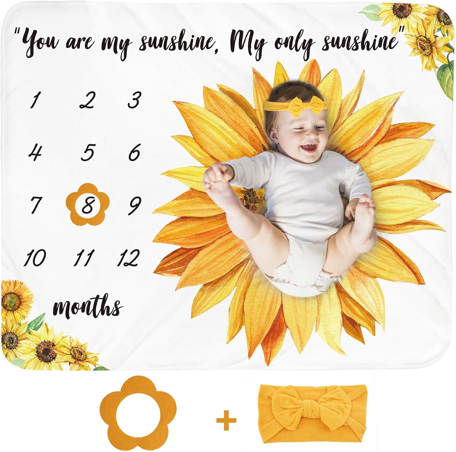 Tebaby Baby Monthly Milestone Blanket Girl - Sunflower Newborn Month Blanket Personalized Shower Gift Floral Nursery Decor Flower Photography Background Prop with Frame Headband Large 51''x40''
